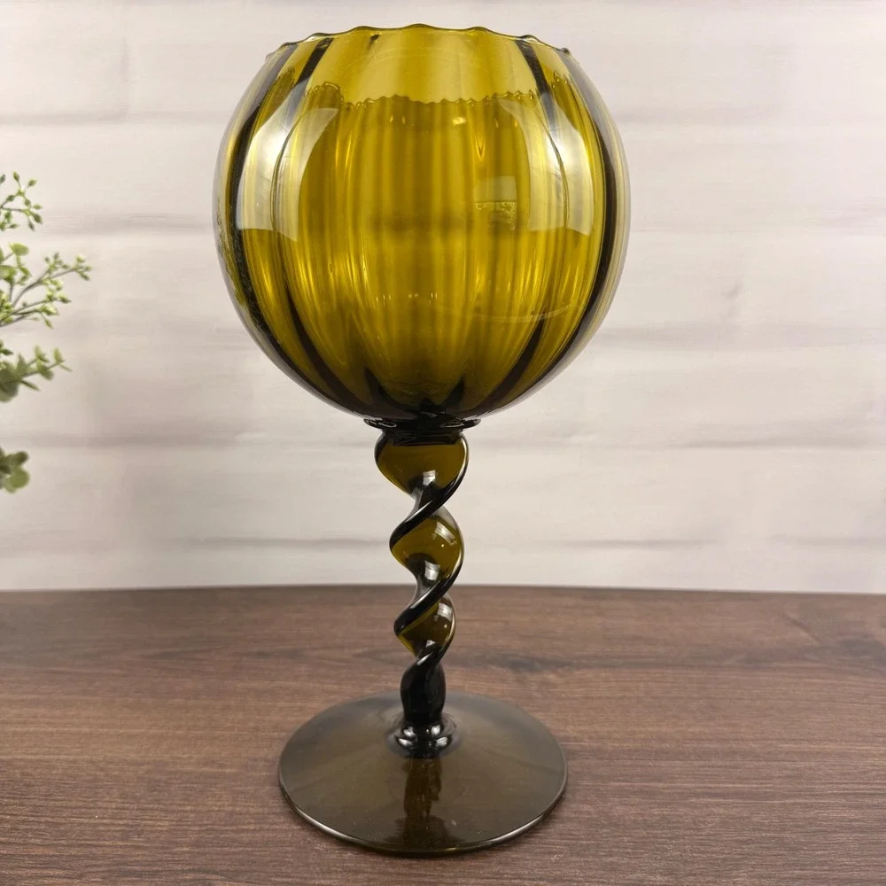 Empoli Italy Olive Green Art Glass Goblet Vase Twisted Stem MCM